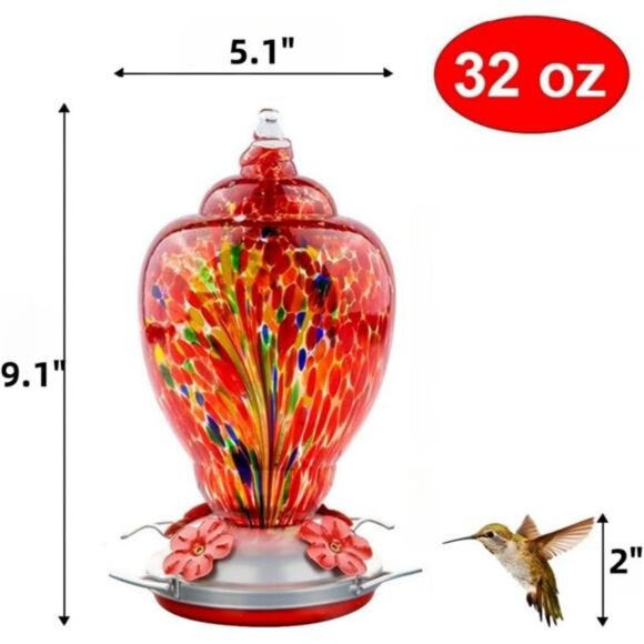 Hummingbird Feeder for Outdoors Patio Large 32 Ounces Colorful Hand Blown Glass - Picture 7 of 8